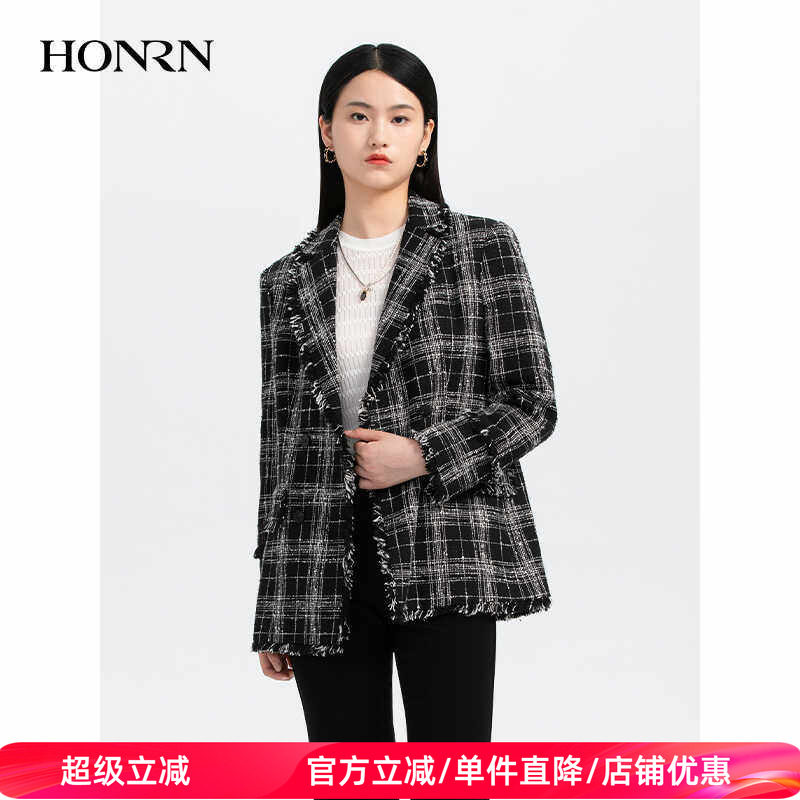 HONRN/红人休闲时尚西装领黑白撞色毛呢外套女春秋款HH33OS589