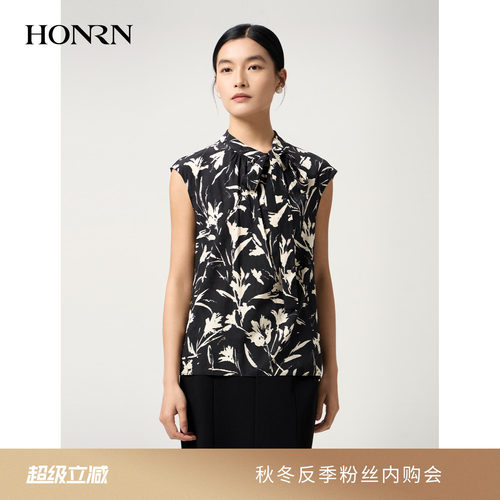 红人无袖黑白花卉桑蚕丝气质上衣