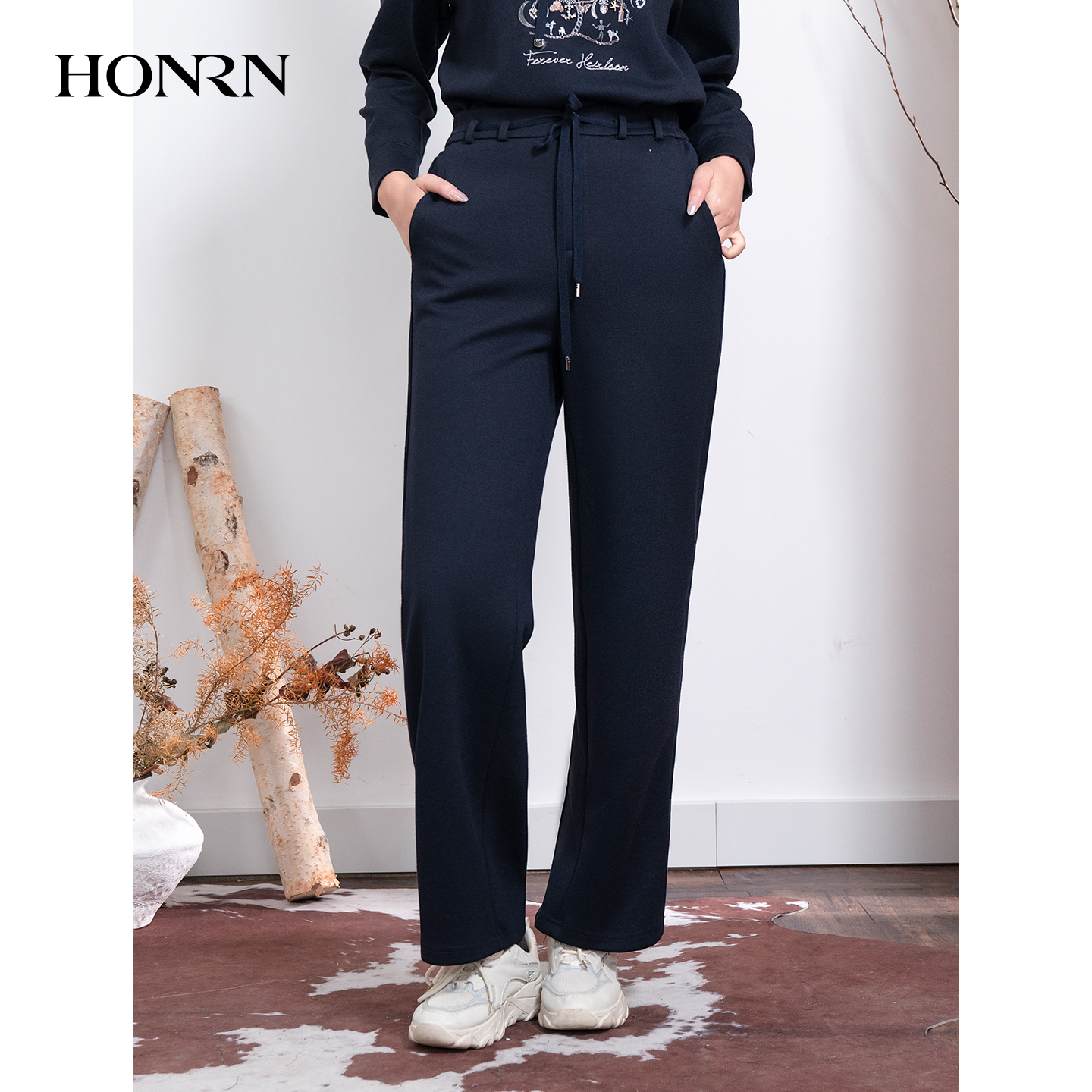 HONRN/红人羊毛呢直筒阔腿休闲裤