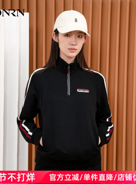 HONRN/红人修身黑色短款立领长袖套头卫衣上衣女款秋冬HI55SY177