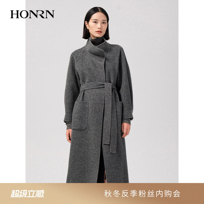 HONRN/红人系带收腰羊驼毛羊毛双面呢子大衣外套女秋冬HI59OD010