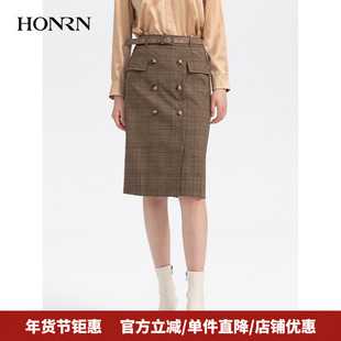 HONRN/红人气质显瘦裙子格子直筒中长款半身裙女早秋HH33OQ506