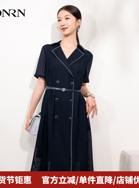HONRN/红人气质蓝色短袖修身收腰显瘦a字中长连衣裙女夏HI22OL705