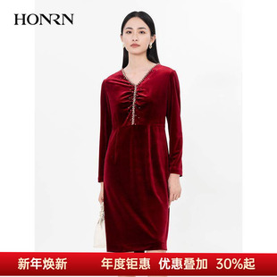 显瘦v领丝绒连衣裙秋冬款 修身 HH55OL338 红人气质红色长袖 HONRN