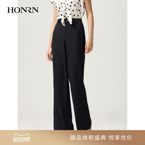 HONRN/红人黑色阔腿微喇西装长裤