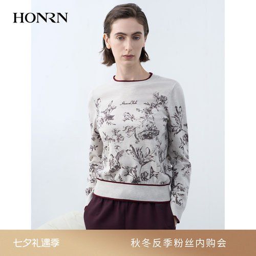 HONRN/红人圆领印花羊毛针织衫