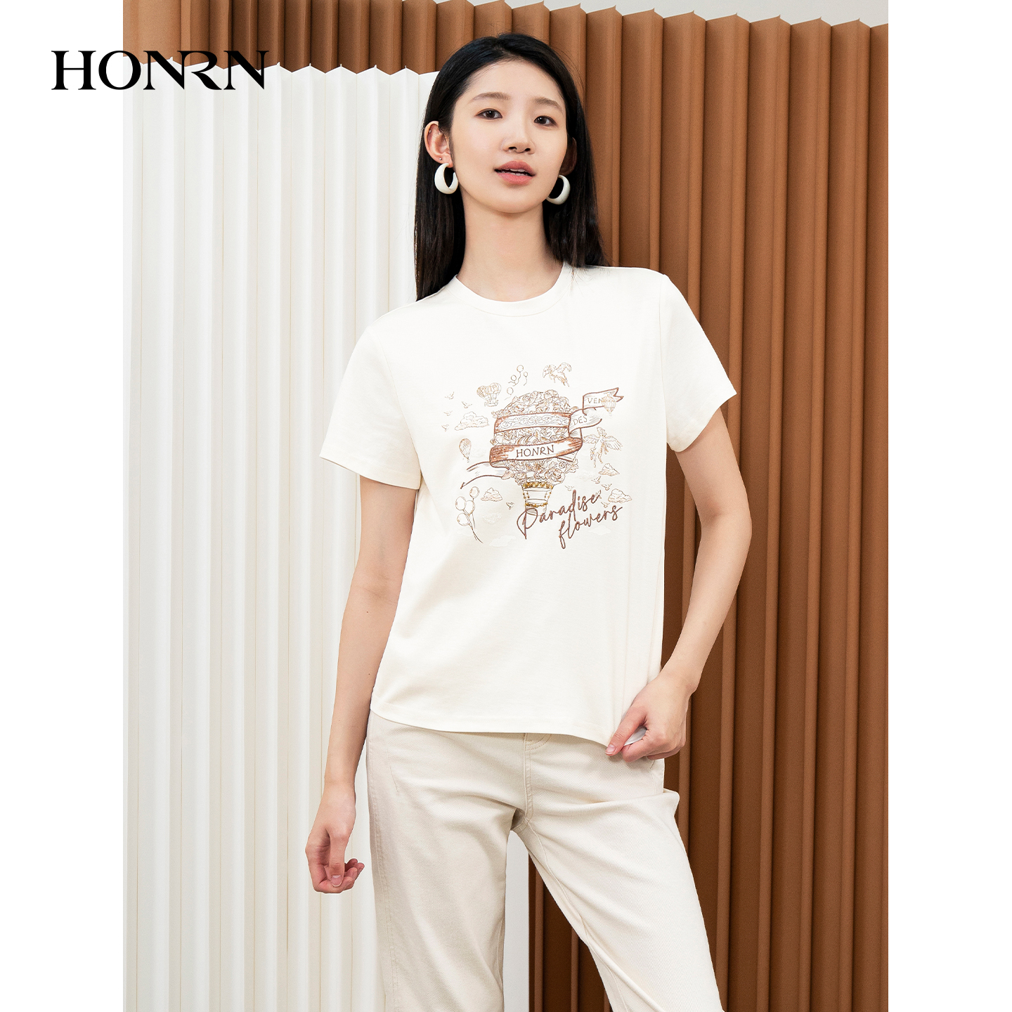 HONRN/红人白色印花短袖t恤上衣