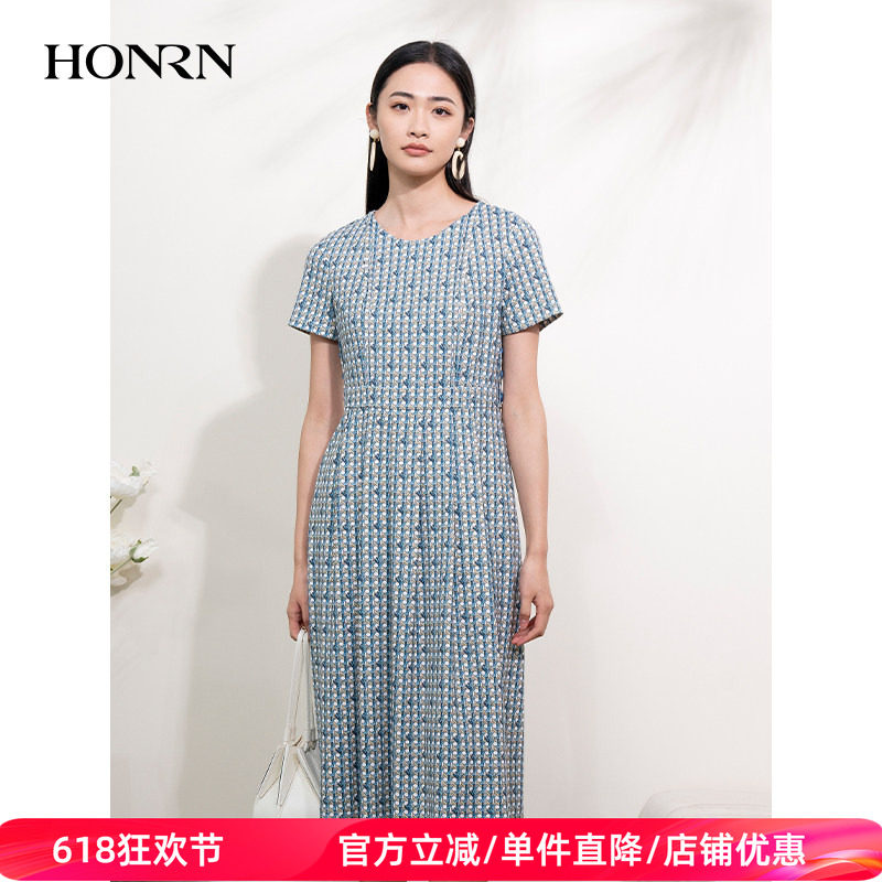 HONRN/红人优雅印花短袖圆领收腰显瘦裙子a字连衣裙女夏HI22OL481