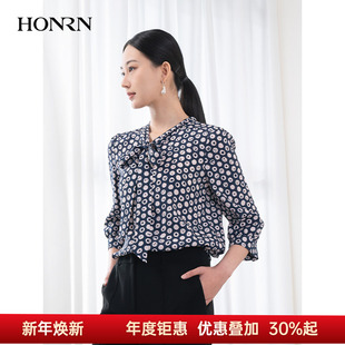 上衣女春秋HH11OC282 桑蚕丝真丝印花衬衫 HONRN 红人藏蓝色修身