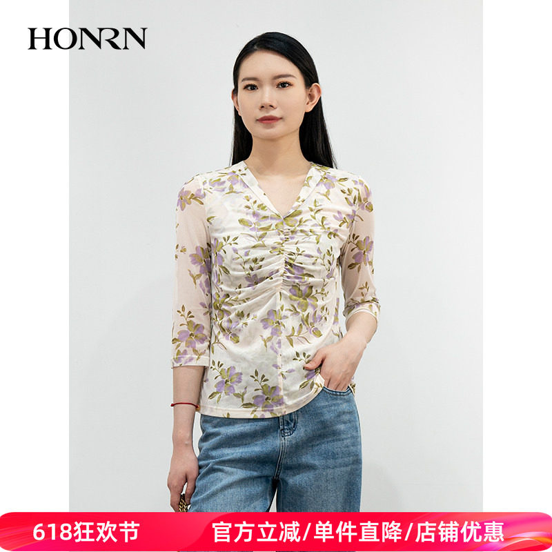 HONRN/红人修身薄款休闲设计感v领正肩衬衫小衫女上衣HK29SY018