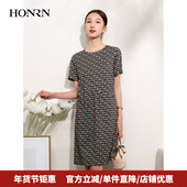 HONRN 红人宽松遮肉显瘦短袖 圆领印花裙子连衣裙女夏HI22OL761