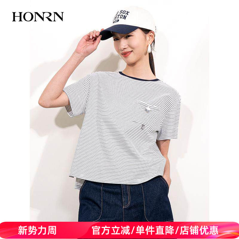HONRN/红人宽松圆领套头短袖棉质休闲T恤条纹上衣女夏款HI22SY544
