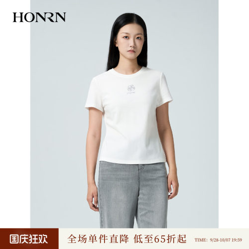 红人白色玫瑰烫钻短袖T恤