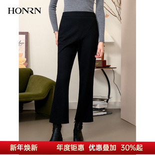 女秋冬HI55OK140 显瘦黑色羊毛呢磨毛微喇休闲裤 HONRN 红人修身