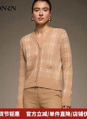 HONRN/红人v领格纹羊驼毛羊毛衣针织衫开衫上衣女春秋款HI55OM685