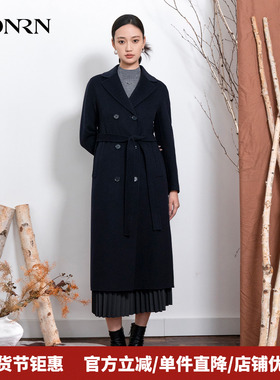 HONRN/红人系带收腰双排扣双面羊毛呢子大衣外套女秋冬HI55OD844