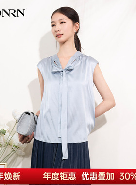 HONRN/红人宽松蓝色薄款桑蚕丝真丝v领系带衬衫女上衣夏HI22SY609