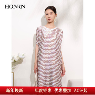 连衣裙女夏HI22OL661 圆领遮肉短袖 HONRN 红人气质减龄印花泡泡袖
