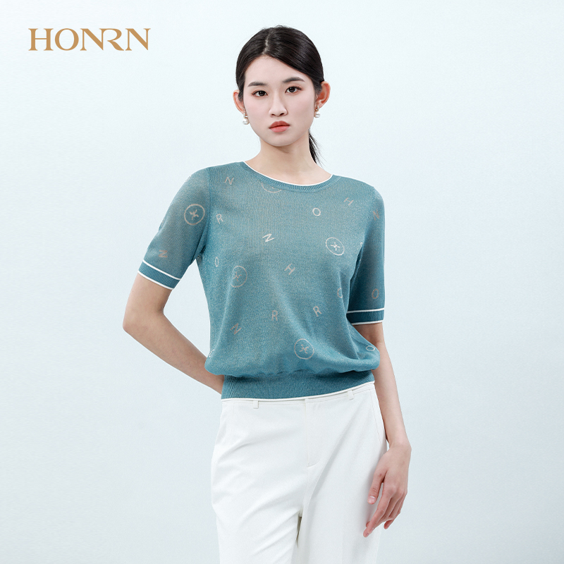 HONRN/红人气质蓝绿色修身显瘦薄款圆领针织衫短袖t恤上衣女夏季