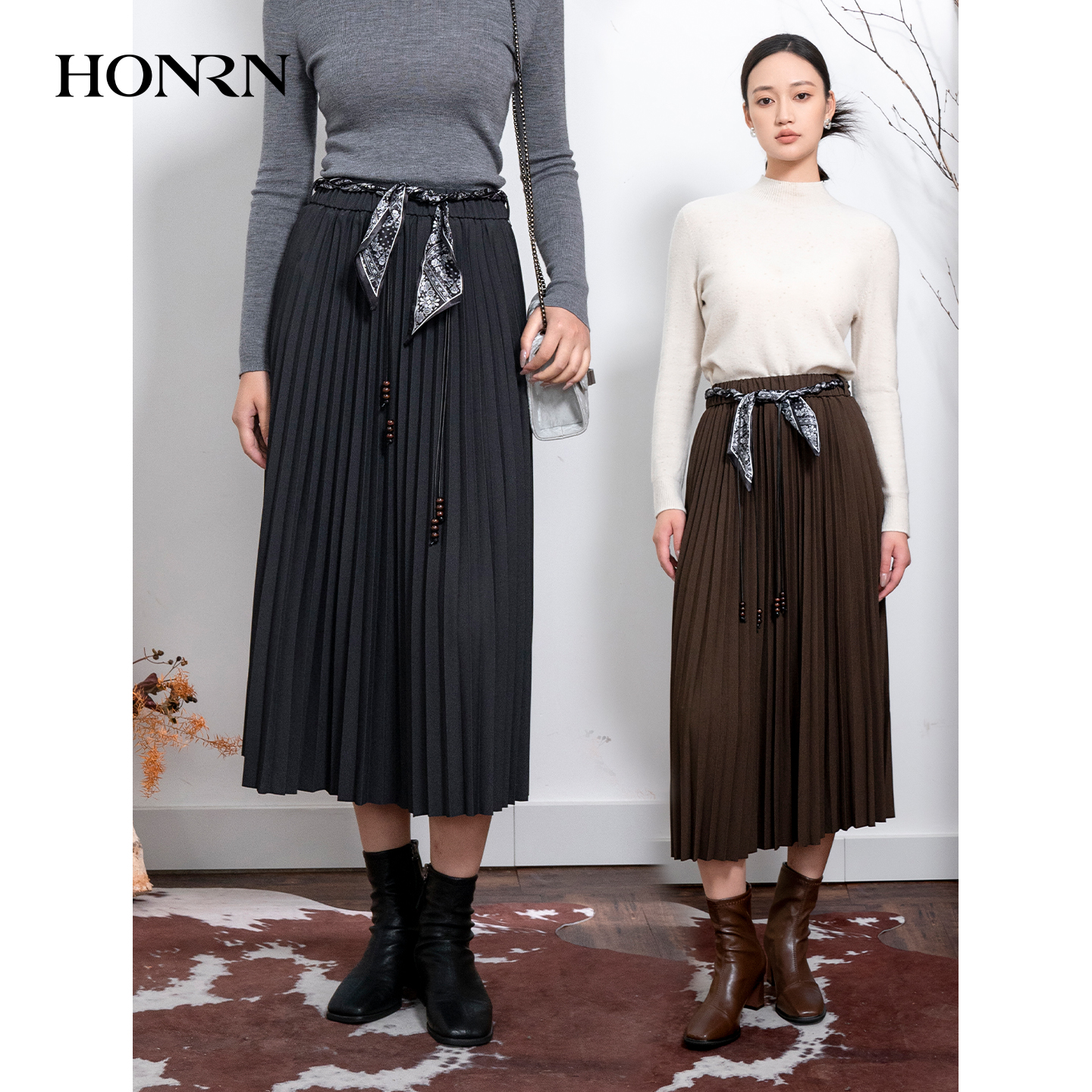 HONRN/红人腰带松紧腰百褶半身裙