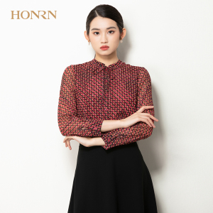 HONRN/红人休闲宽松红色格子印花长袖正肩显瘦衬衫春秋女款上衣