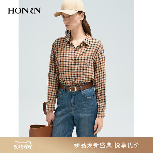 红人复古格子可拆领显瘦长袖衬衫