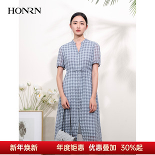 HONRN 连衣裙女夏HI22OL689 红人格纹格子印花v领抽绳收腰显瘦短袖