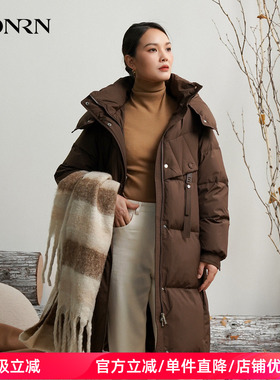 HONRN/红人长款宽松休闲连帽立领鸭绒羽绒服外套女冬季HK59YR004