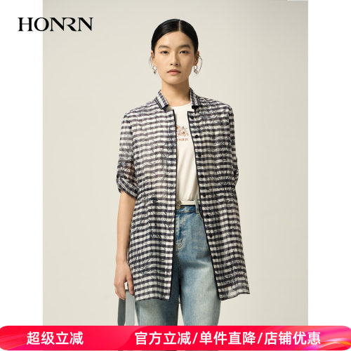 HONRN/红人桑蚕丝棉格子印花衬衫女五分袖宽松休闲衬衣HJ22OC742