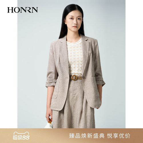 红人轻奢亚麻一粒扣收腰西装女