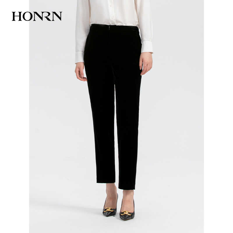 HONRN/红人时尚裤子修身垂感丝绒直筒休闲西装裤女春秋HH33OK521