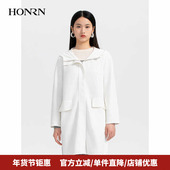 HONRN HH33OS368 风衣外套女春秋款 红人休闲连帽修身 白色中长款