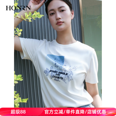 商场同款HONRN/红人亲肤纯棉圆领宽松女t恤上衣夏秋HK22SY068