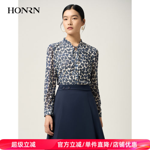HONRN/红人印花网布长袖衬衫上衣