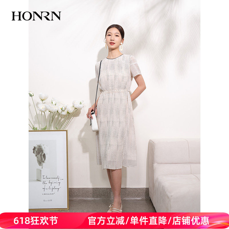 HONRN/红人系带收腰显瘦圆领短袖a字设计感连衣裙女夏HI22OL405