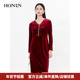 HONRN HH55OL338 显瘦v领丝绒连衣裙秋冬款 红人气质红色长袖 修身