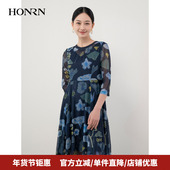 显瘦a字连衣裙女春秋款 HONRN 红人镂空网纱百褶裙子修身 HH11OL062