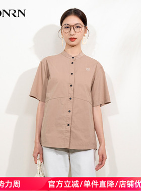 HONRN/红人宽松显瘦休闲棉混纺短袖立领衬衫女上衣夏季HI22OC667