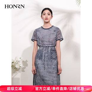 HONRN/红人桑蚕丝真丝棉系带收腰显瘦圆领a字连衣裙女夏HI22OL729