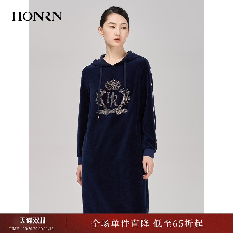 HONRN/红人秋季丝绒长袖遮肚子减龄垂坠感显瘦连衣裙女HI39OL019
