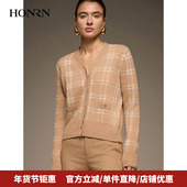 HONRN HI55OM685 上衣女春秋款 红人v领格纹羊驼毛羊毛衣针织衫 开衫
