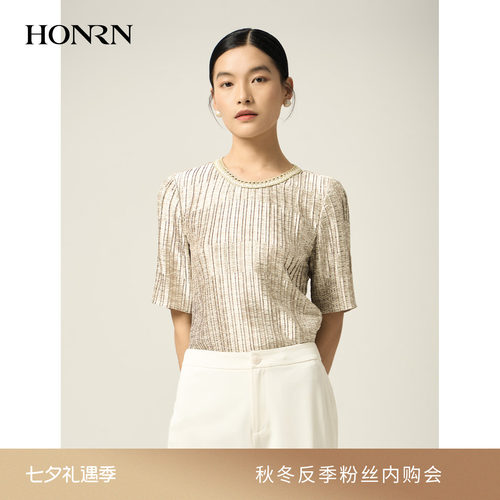 HONRN/红人印花压褶短袖衬衫上衣