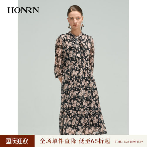 红人玫瑰印花秋款优雅连衣裙