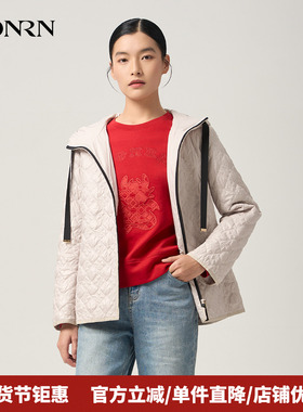 HONRN/红人宽松短款连帽菱形格棉衣棉服外套女款春秋HJ11MA571