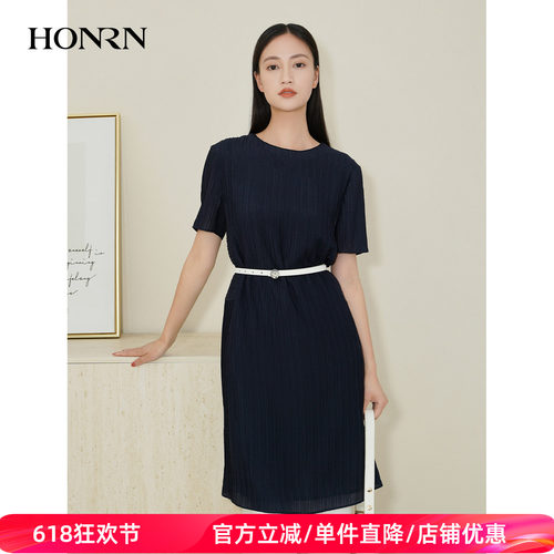 红人夏季短袖褶皱直筒连衣裙