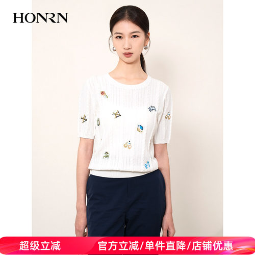 HONRN/红人圆领套头棉针织衫上衣