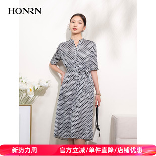 HONRN v领系带收腰显瘦a字连衣裙女夏HI22OL407 红人优雅印花短袖