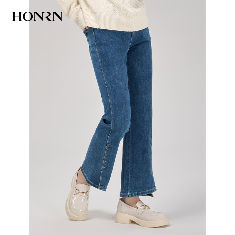 HONRN/红人蓝色修身显瘦直筒阔腿开叉微喇休闲牛仔裤女HI39OK023