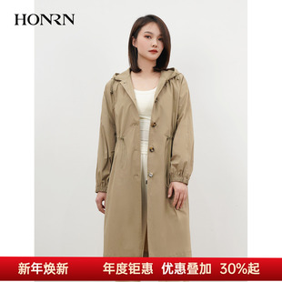 显瘦气质流行腰抽绳风衣女秋HK39OF007 带帽中长款 HONRN 红人长袖