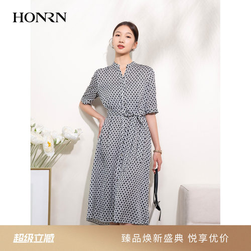 HONRN/红人短袖系带收腰连衣裙